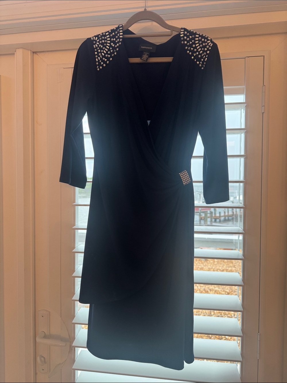 R&M Richards Black Long-Sleeve Embellished Wrap Dress